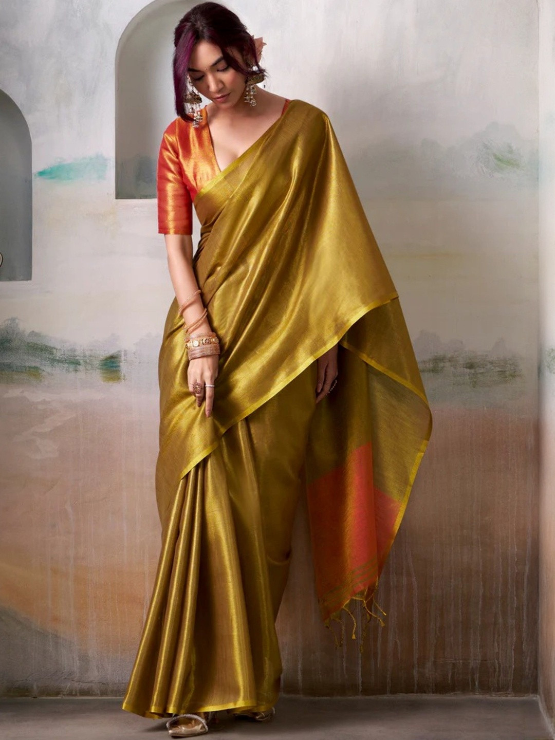 Gold Tissue Silk Zari Weaving Saree With Contrast Blouse Piece