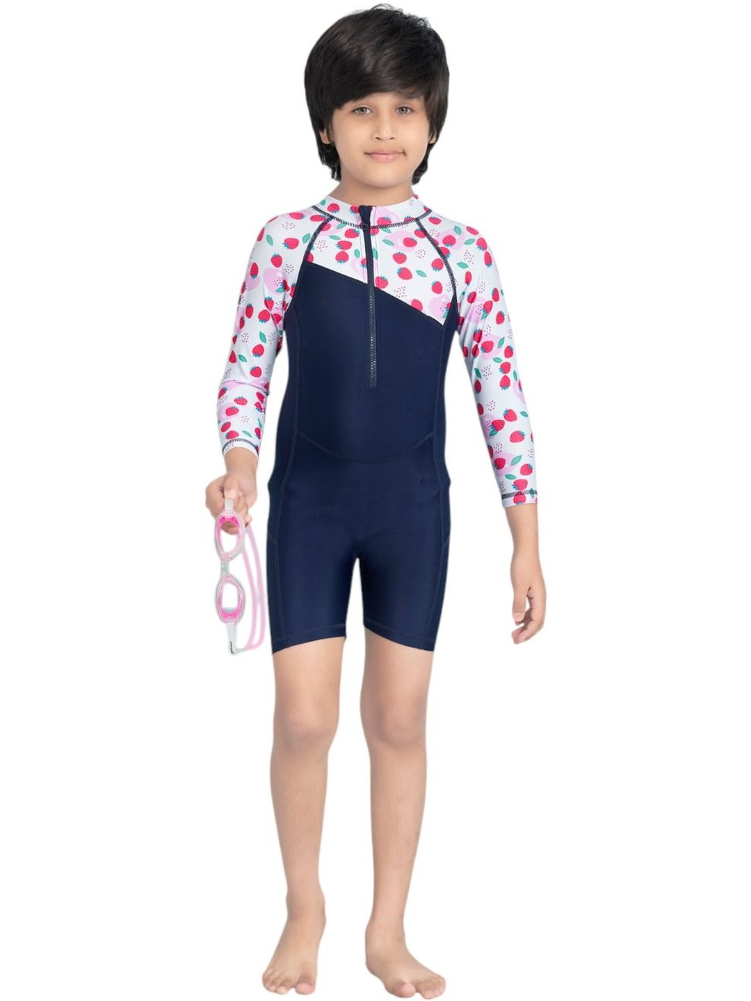 Muhuratam Boys Sports Wear Strawberry Print Swim Suit With Goggle