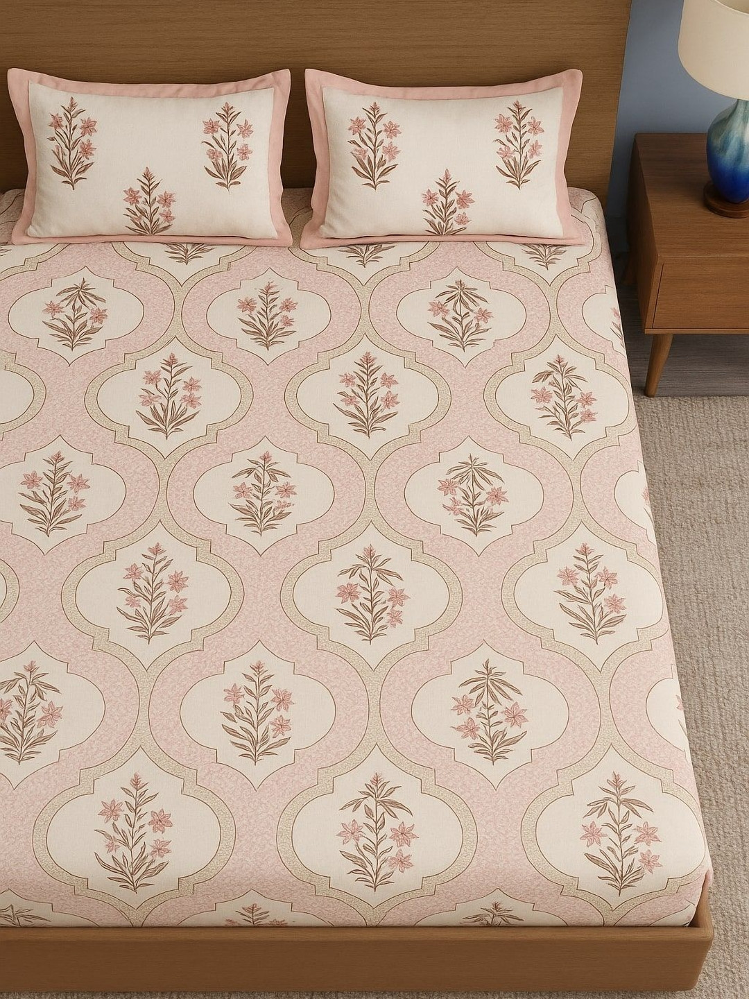 Rajasthan Decor Green Printed Pure Cotton 210 TC Super King Bedsheet Set 2.7 x 2.7 m