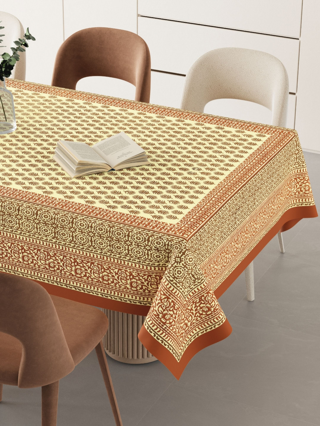 LIVING ROOTS Cream Colored & Orange Colored Printed Pure Cotton 6-Seater Table Cover
