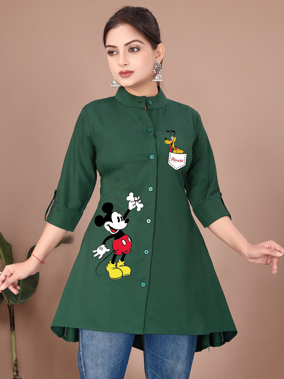 SHREEZON Women Mickey Mouse Printed Shirt Collar Tunic