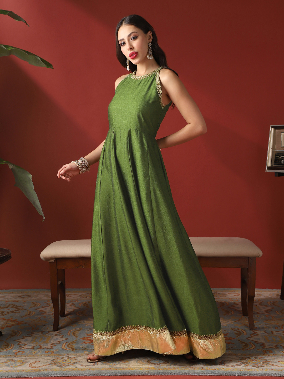 Globus Women Sequin Embroidery Halter Neck Fit and Flare Maxi Ethnic Dresses