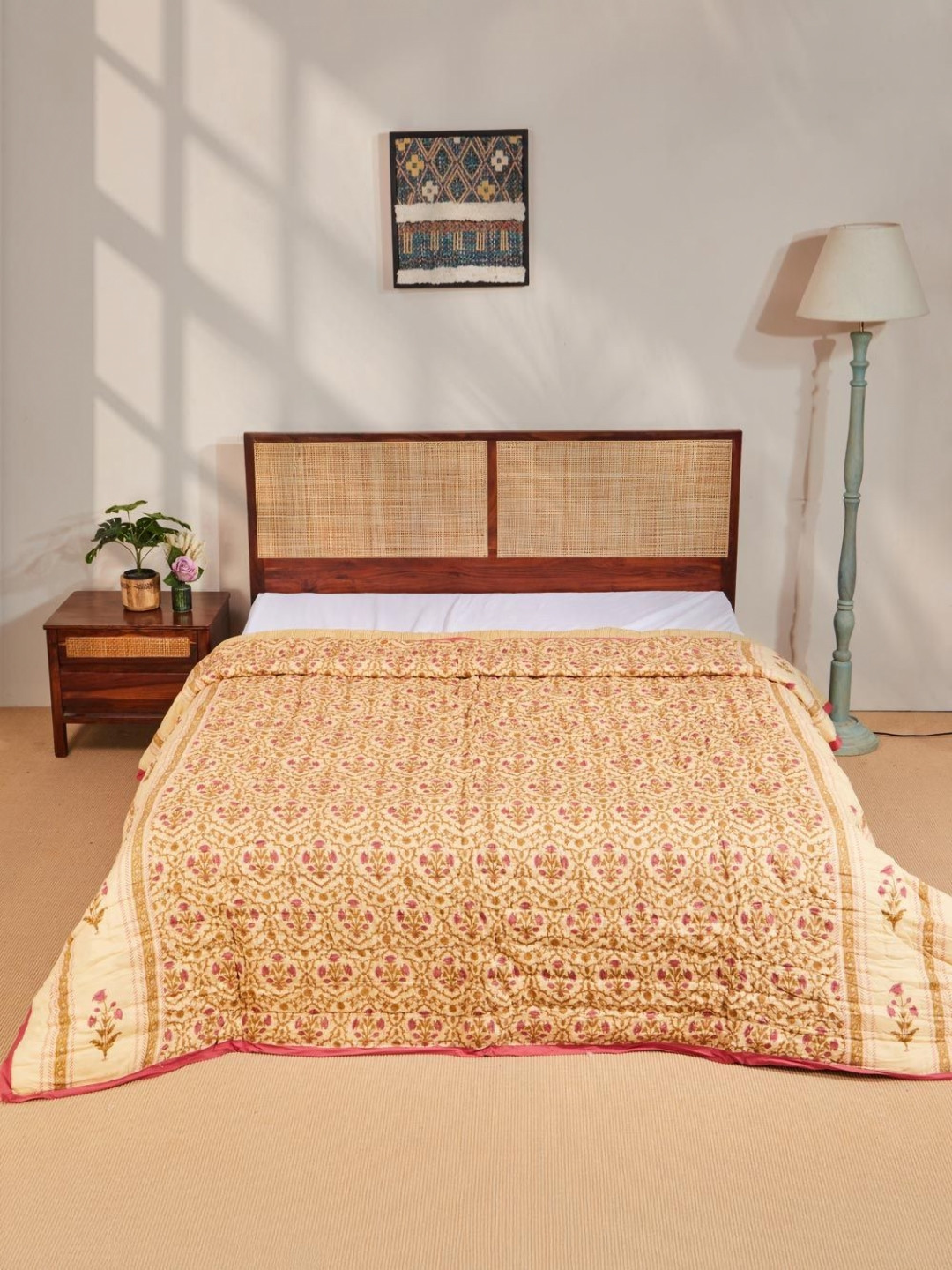 Fabindia Adhira Fuchsia & Pink Printed Cotton Mild Winter 354 GSM Double Bed Quilt