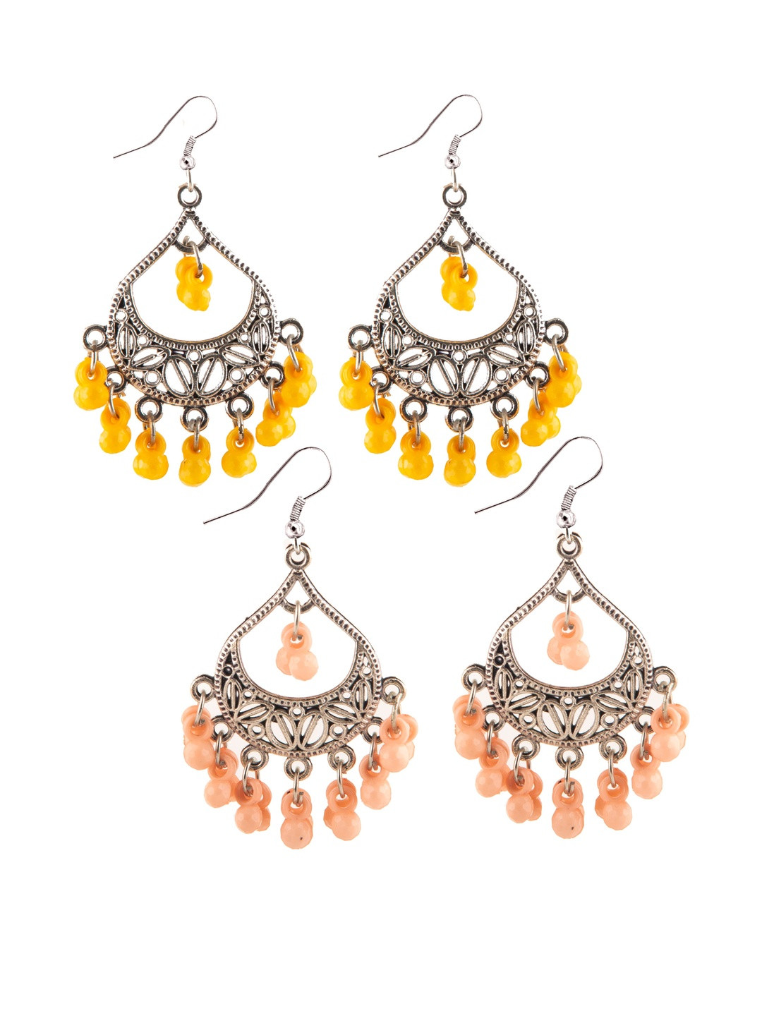 Set of 2 Oxidized Silver-Toned Chandbali Earrings with Yellow & Peach Beads & Girls
