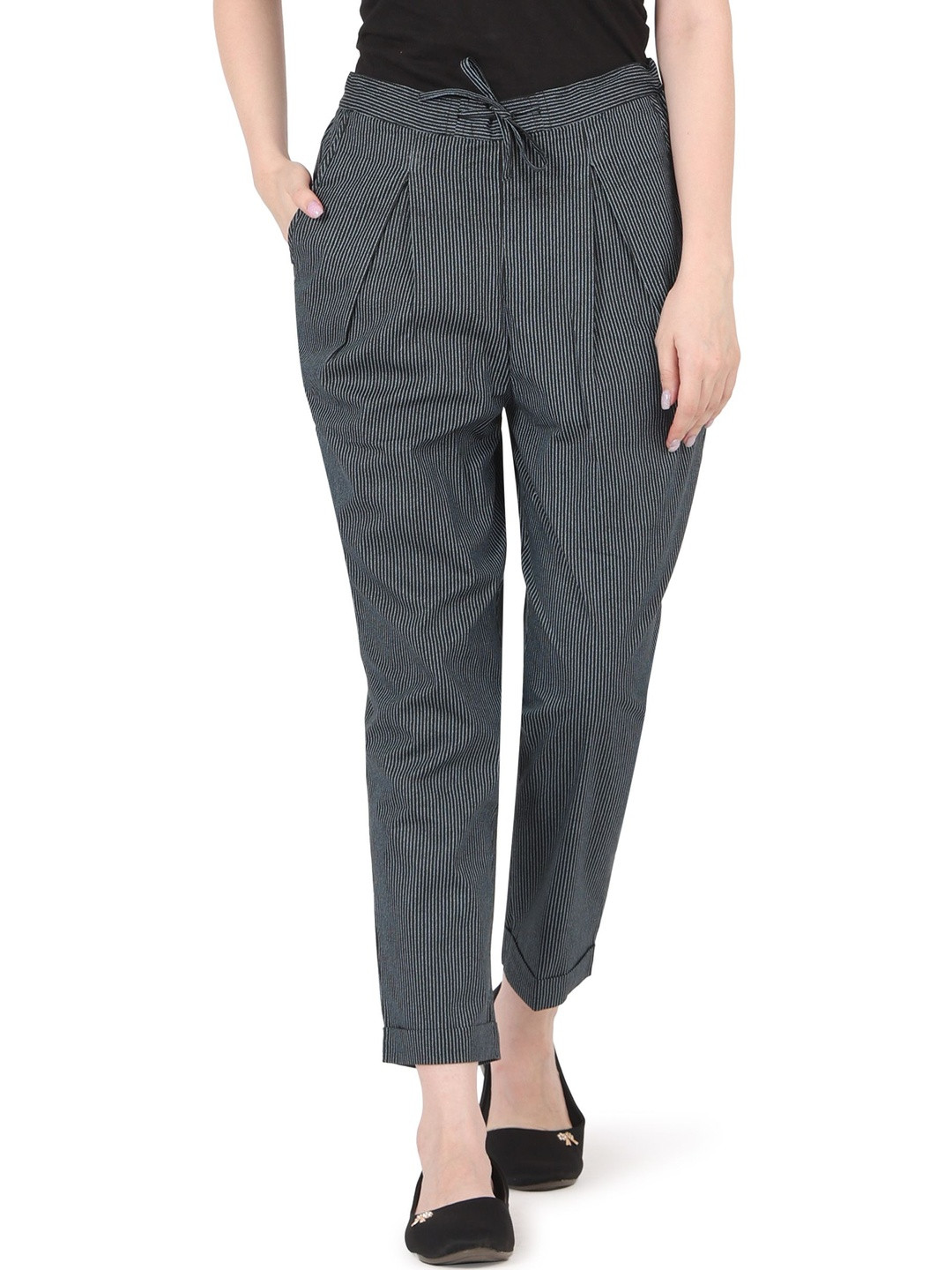 Womens Black Striped Trousers