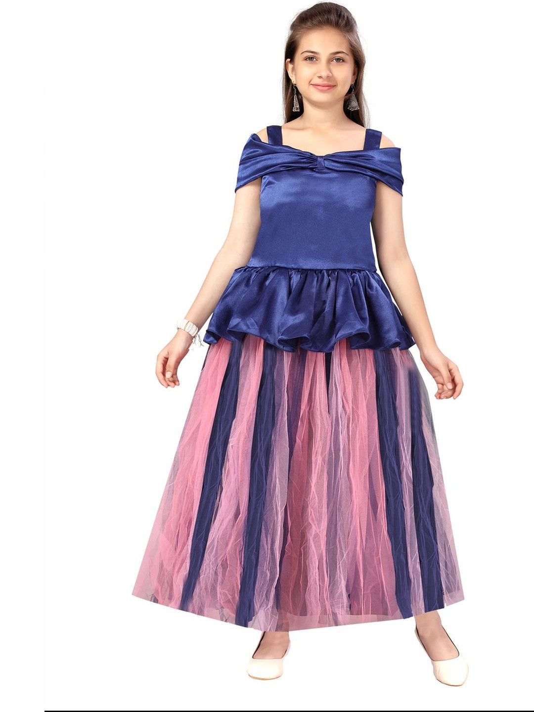 Muhuratam Girls Cold-Shoulder Sleeves Gown Dresses