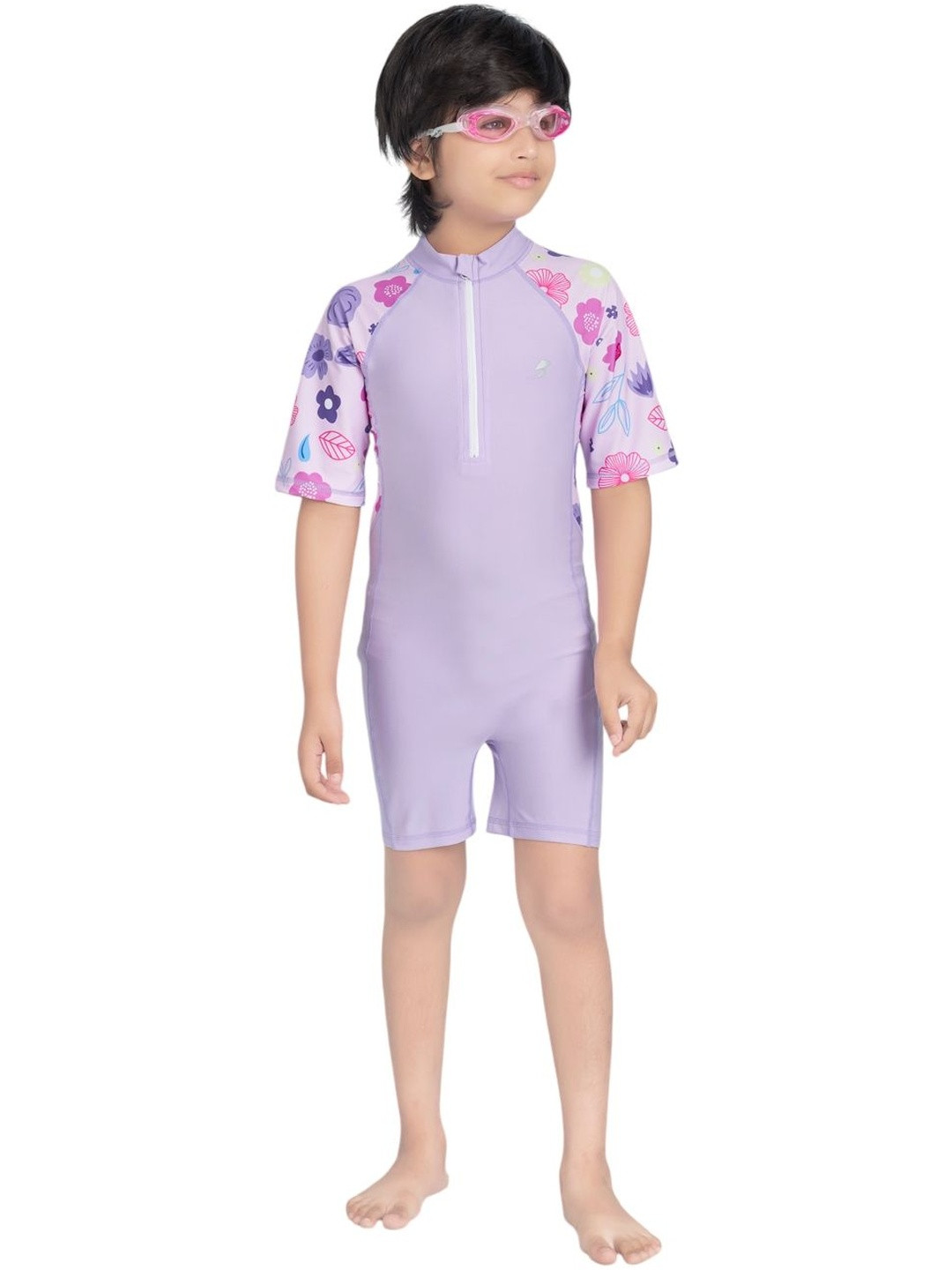Muhuratam Boys Sports Wear Purple Leaf Print Swim Suit With Goggle