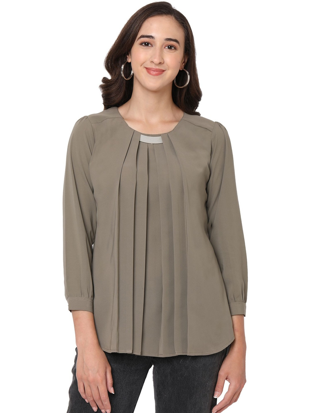 G0-4 IT Women Three-Quarter Sleeves Gathered or Pleated Top