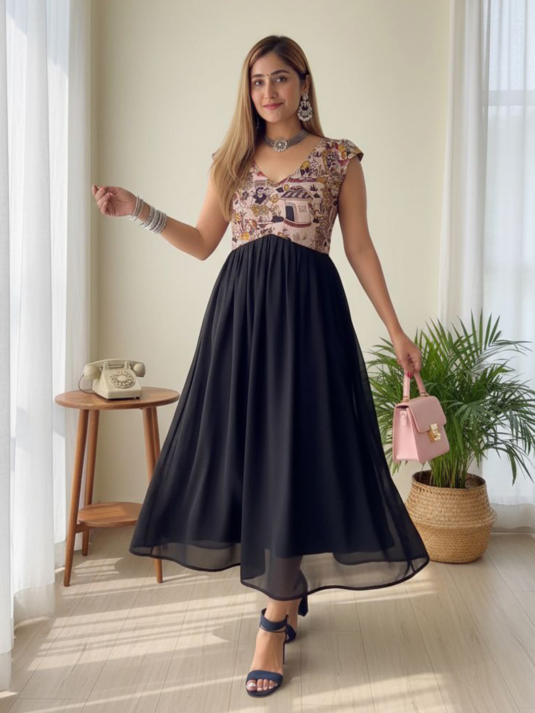 LIPS CROWN Women Ethnic Motifs Printed Fit & Flare Midi Dress