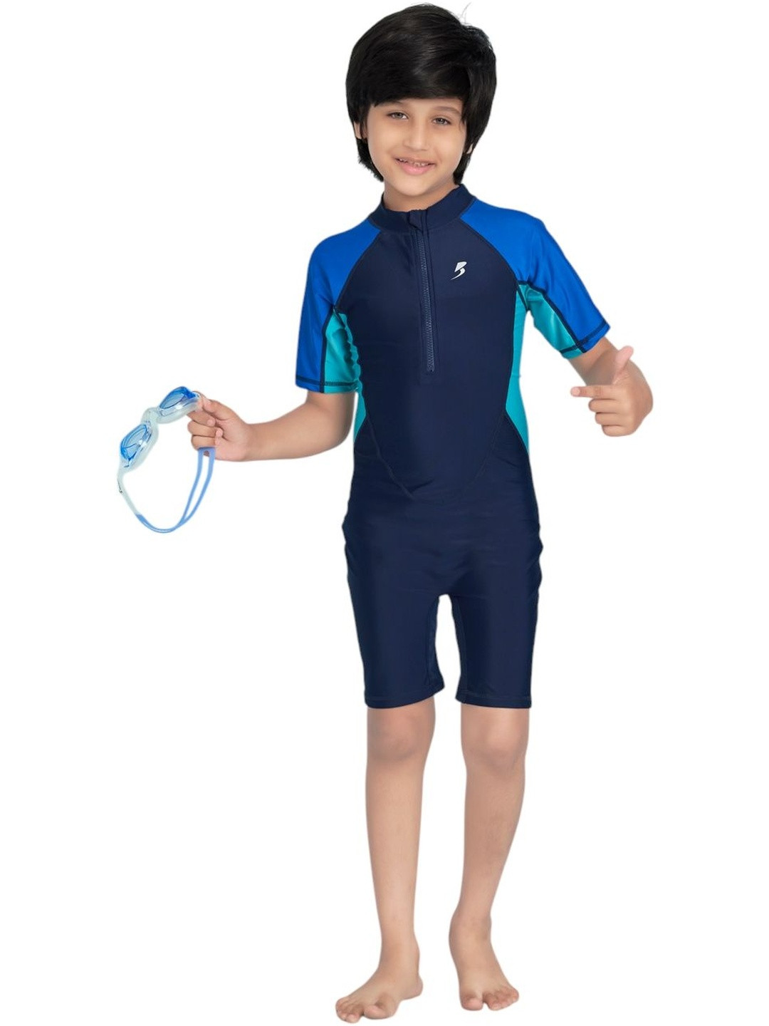 Muhuratam Boys Colourblocked Swim Suit With Anti Fog Goggle