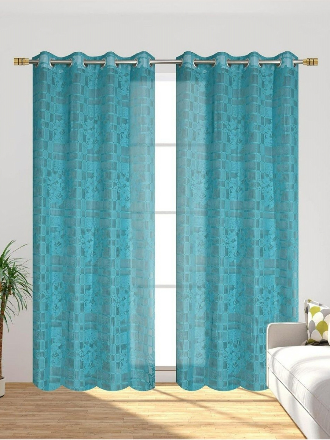 UrbanArts Turquoise Blue 2 Pieces Embroidered Sheer Window Curtains