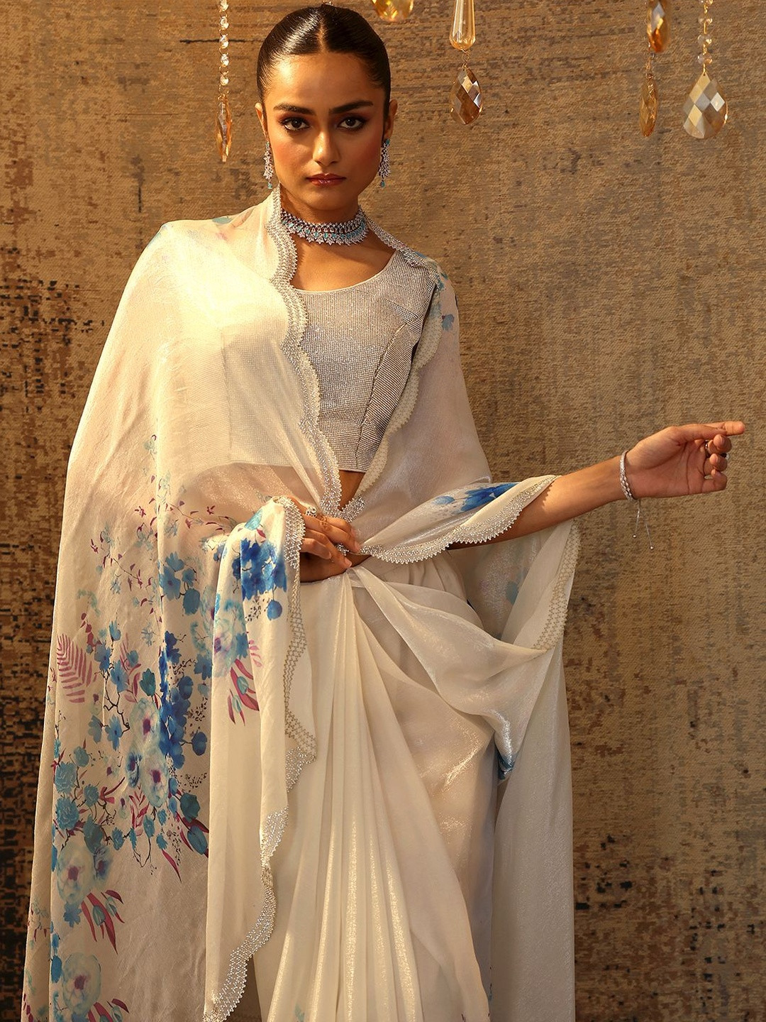 Libas Floral Printed Satin Saree with Embellished Border & Blouse Piece