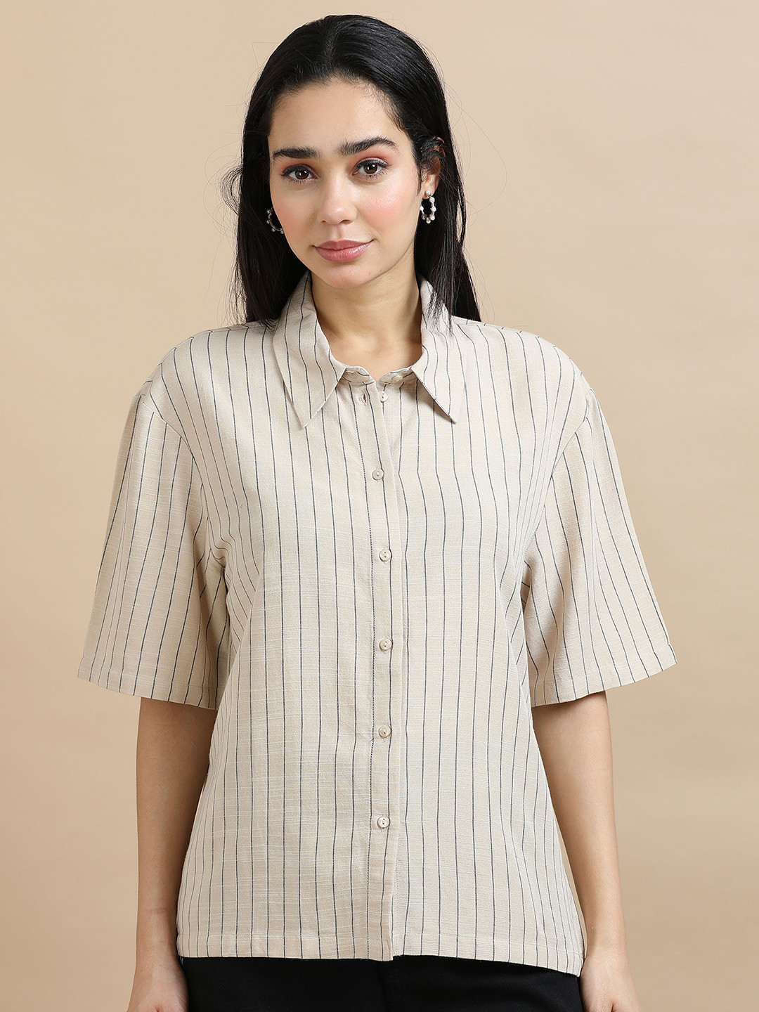 GLAM & CHIQUE Women's Relaxed Fit Pinstripe Spread Collar Casual Shirt