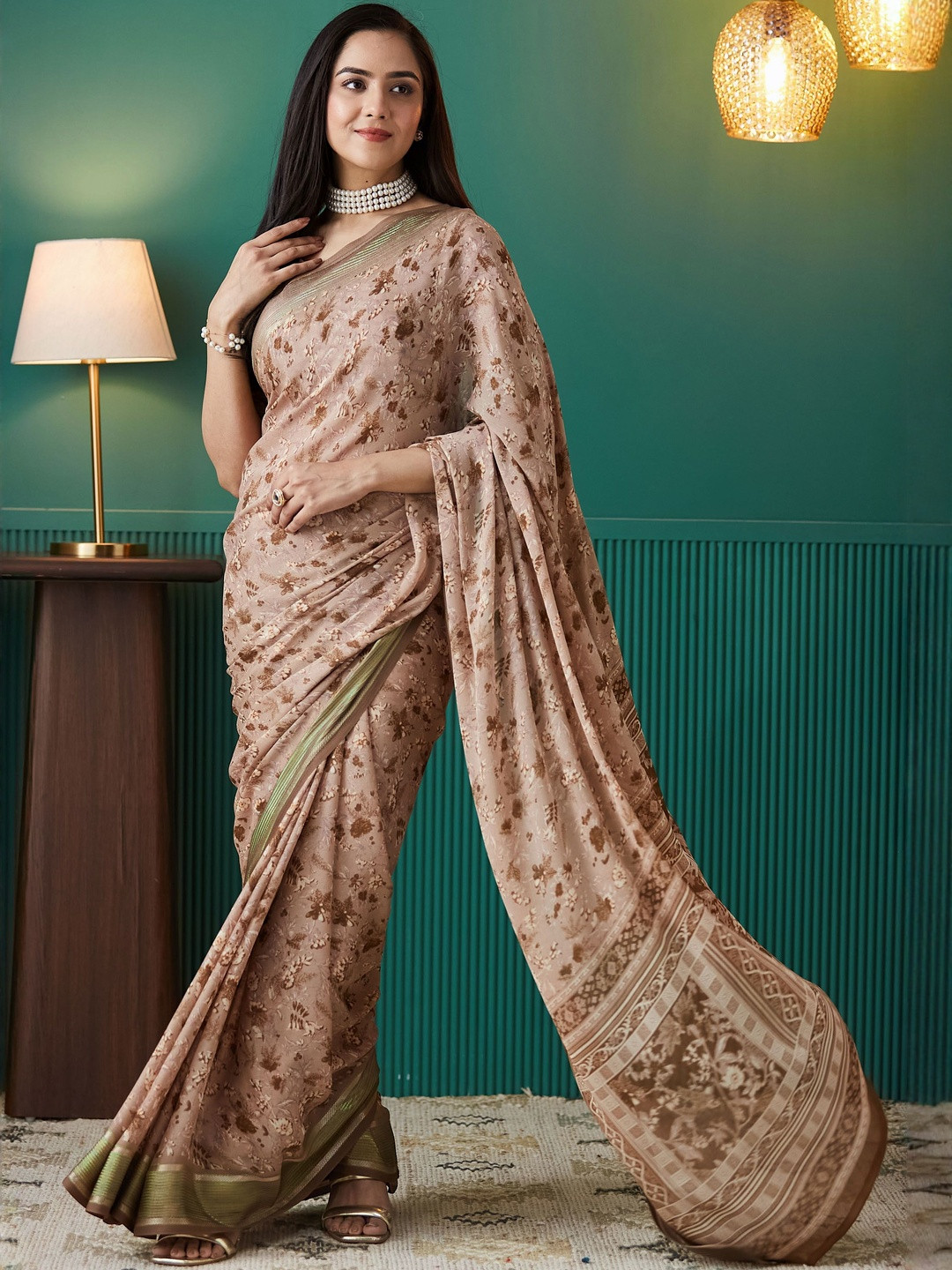 RACHNA Women Floral Moss Georgette Brown Ready To Wear Saree with Foil Print Border