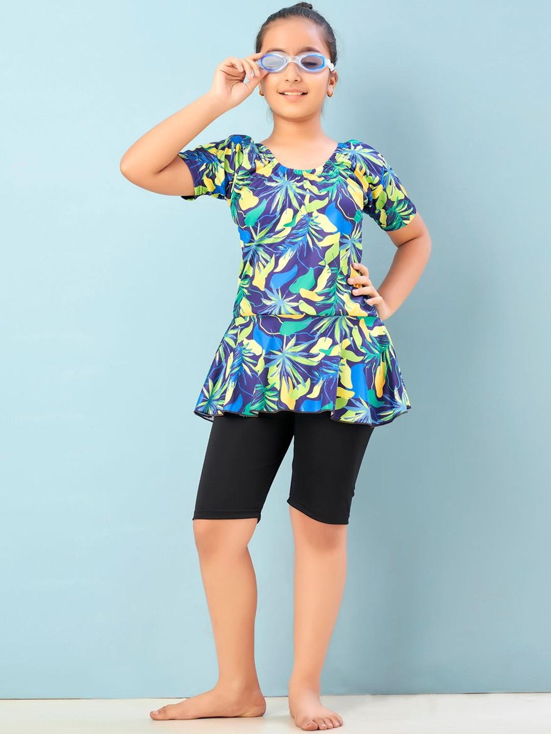 Muhuratam Girls Sports Wear Yellow Black Colour Floral Print Nylon Swim Suit With Goggle