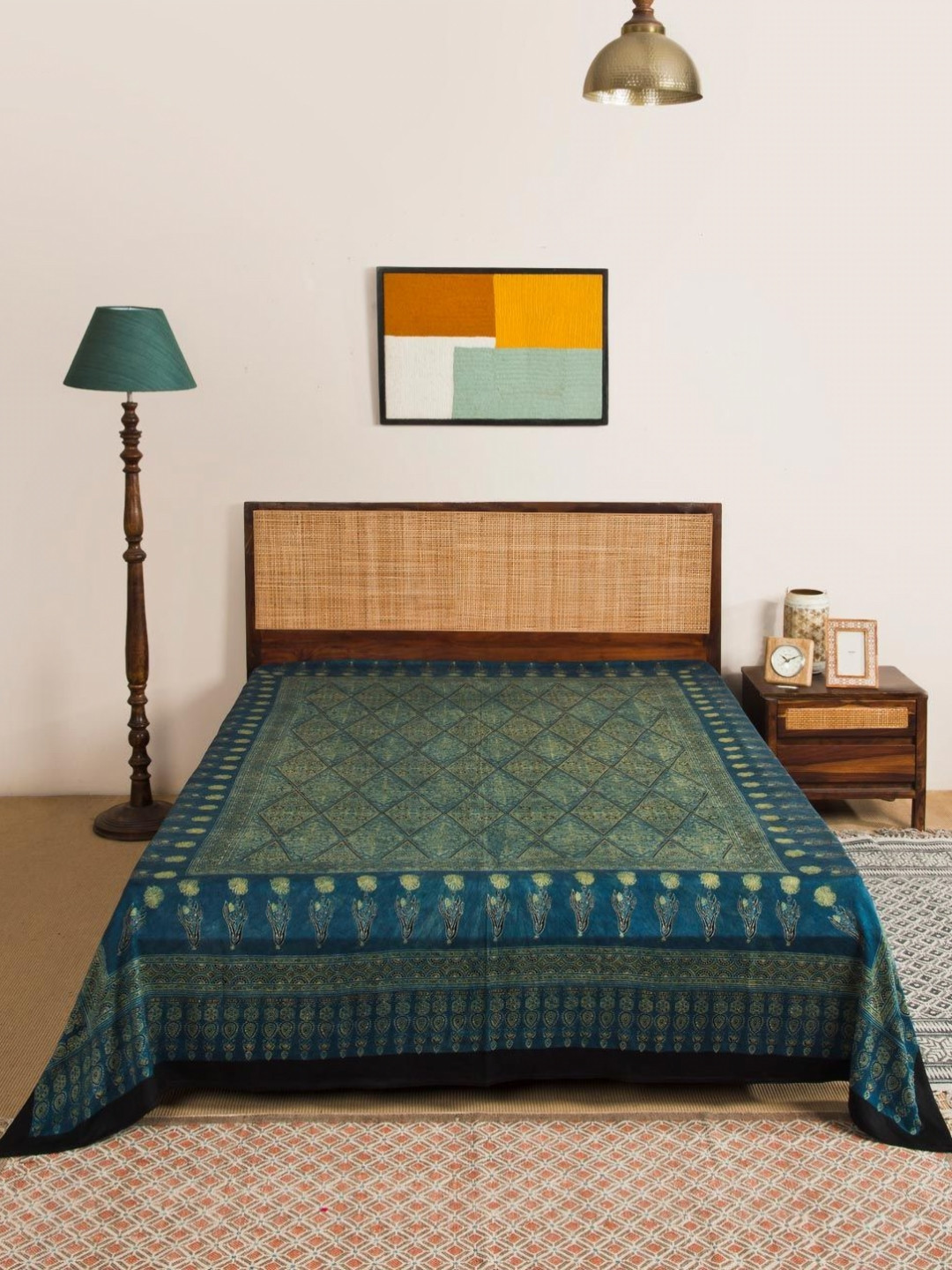 Fabindia Ajrakh Blue & Beige Printed Double Queen Bed Cover