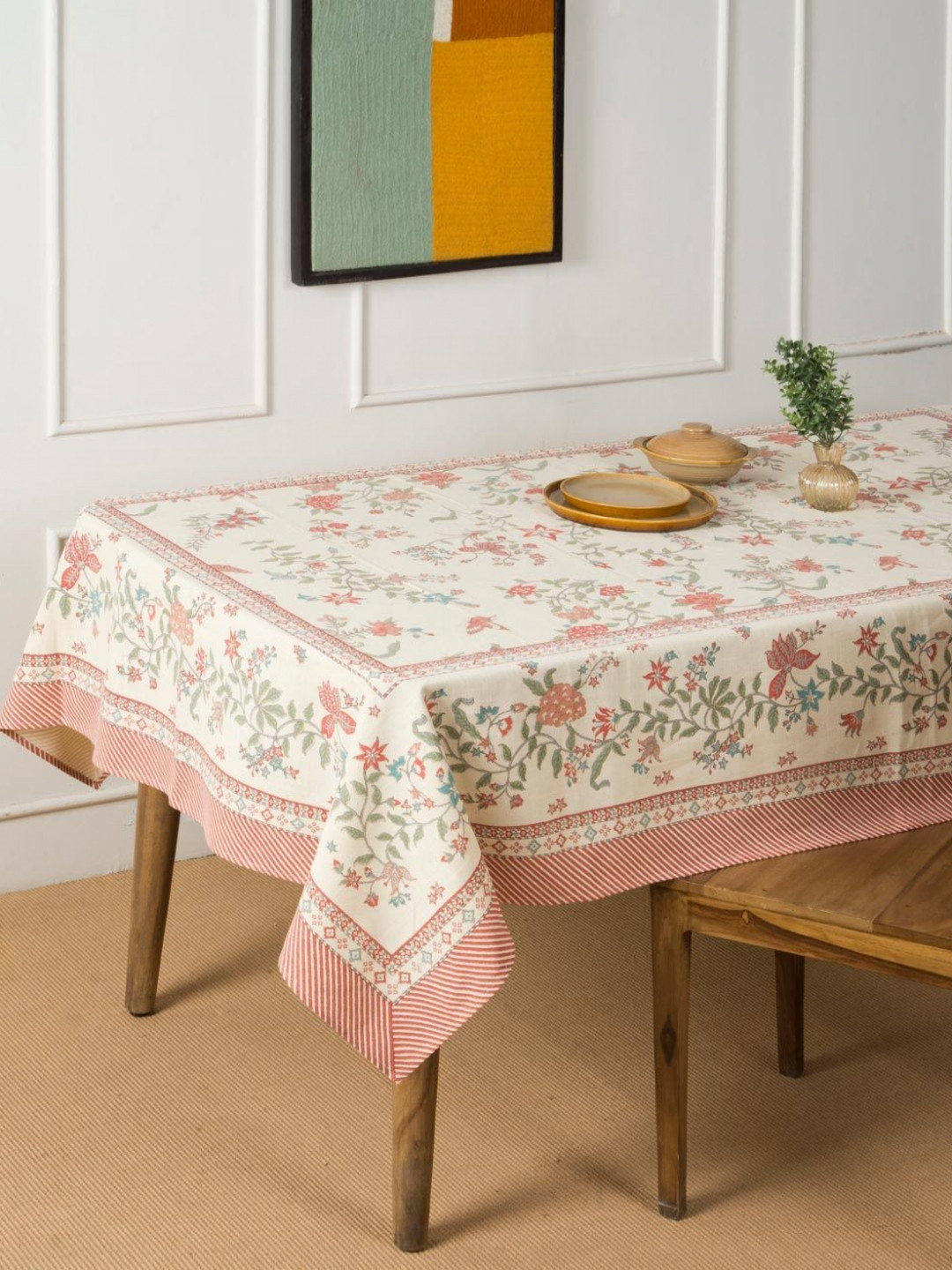 Fabindia Sienna Pink & Green Ethnic Motifs Cotton 4-Seater Table Cover