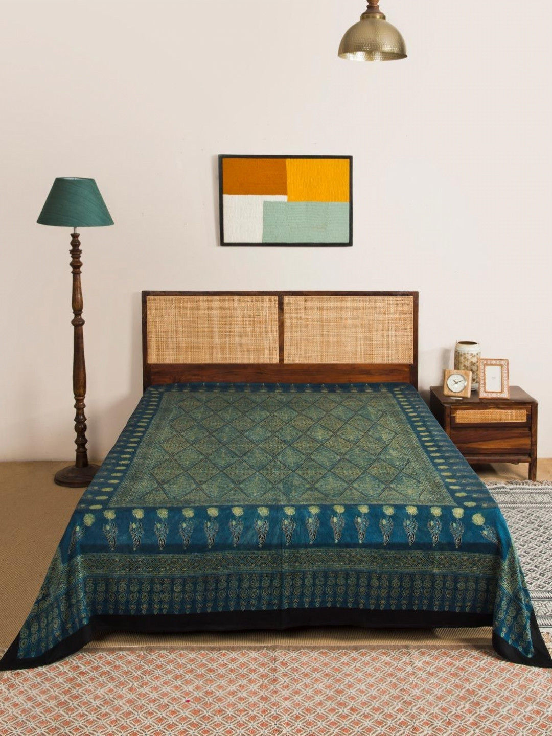 Fabindia Ajrakh Blue & Beige Printed Single Bed Cover