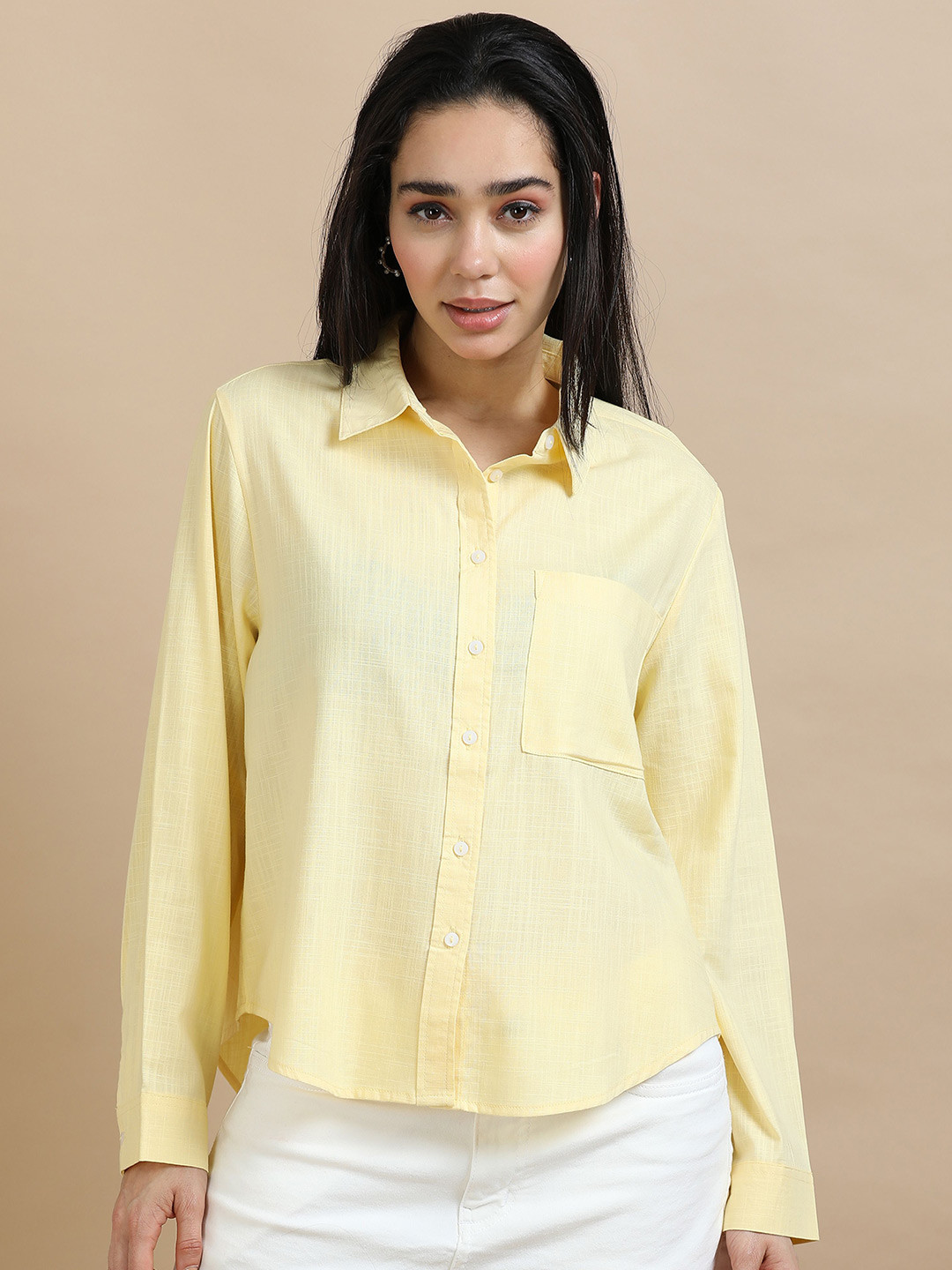 GLAM & CHIQUE Women's Relaxed Fit Spread Collar Solid Casual Shirt