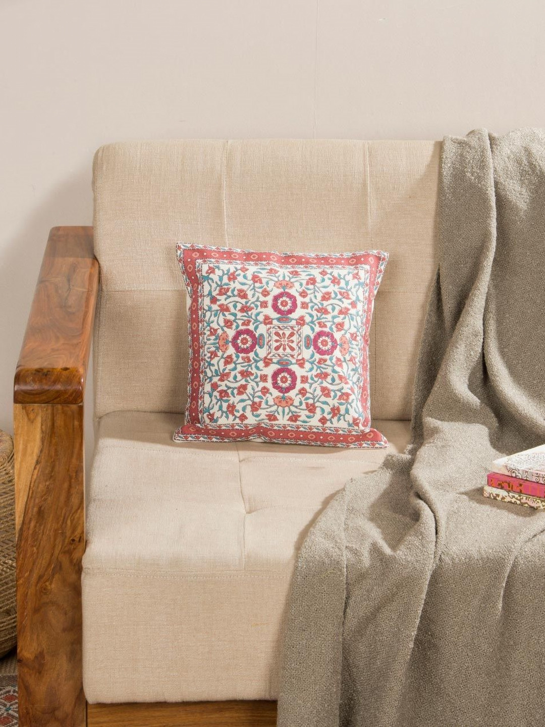 Fabindia Anar Pink & Blue Ethnic Motifs Printed Cotton Square Cushion Cover