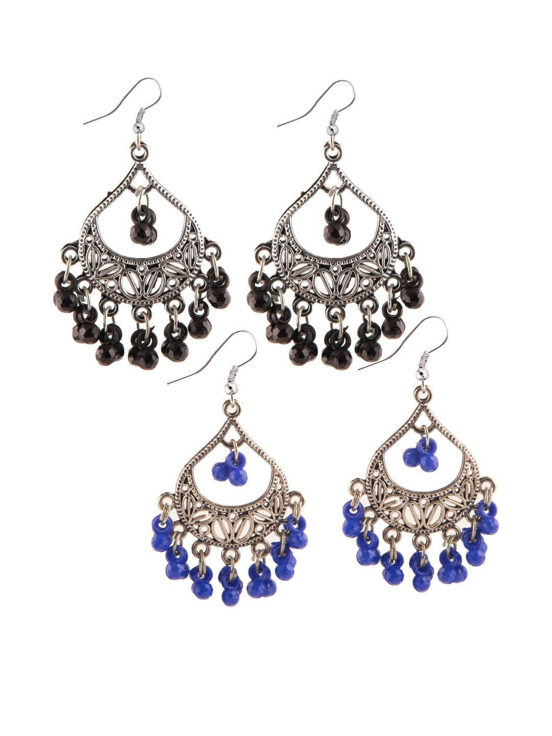 Set of 2 Oxidized Silver-Toned Chandbali Earrings with Black & Blue Beads & Girls