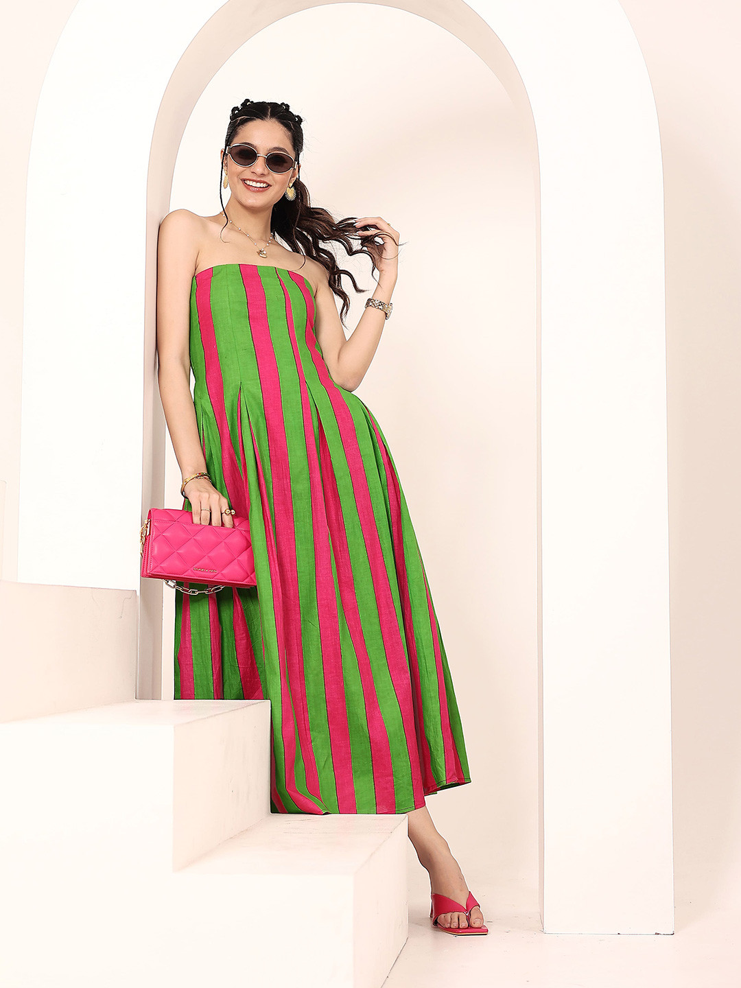 KAORI BY SHREYA AGARWAL Women Striped Strapless Smocked Detail Bandeau Midi Dress