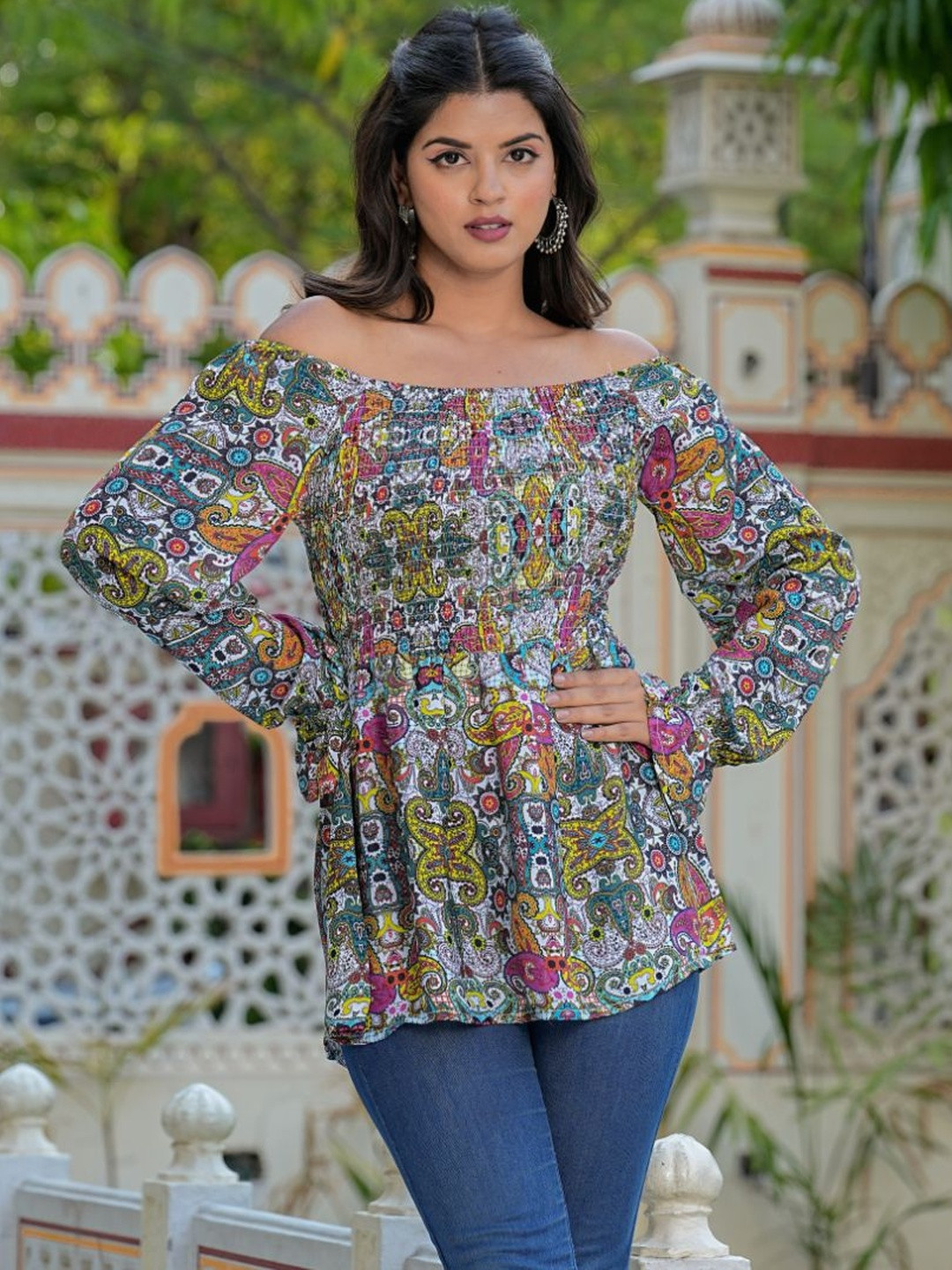 KALINI Polyester Waist Length Digital Printed Top for Women Puff Sleeve