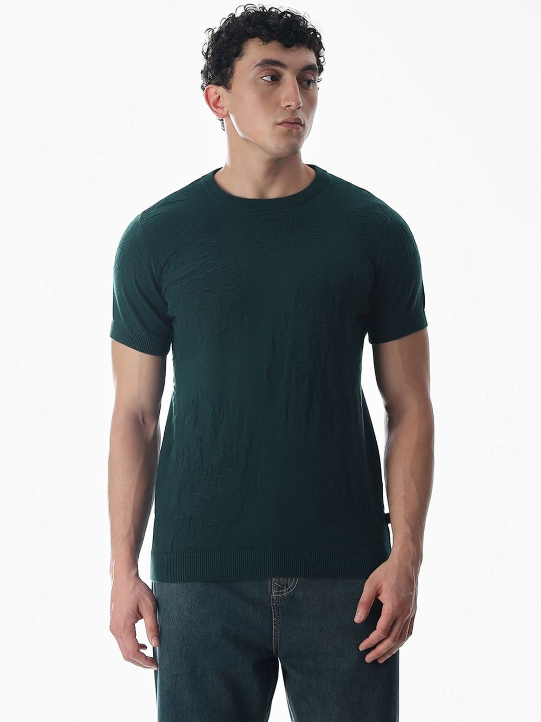 Jack & Jones Self Design Round Neck Pure Cotton T-shirt
