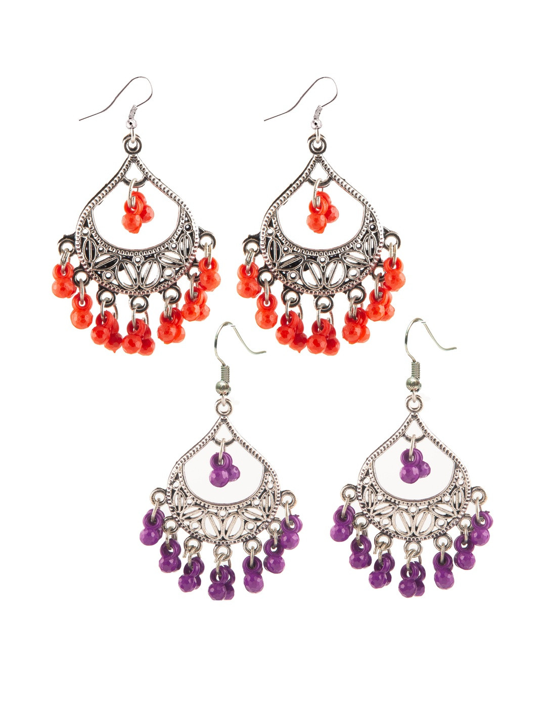 Set of 2 Oxidized Silver-Toned Chandbali Earrings with Red & Purple Beads & Girls