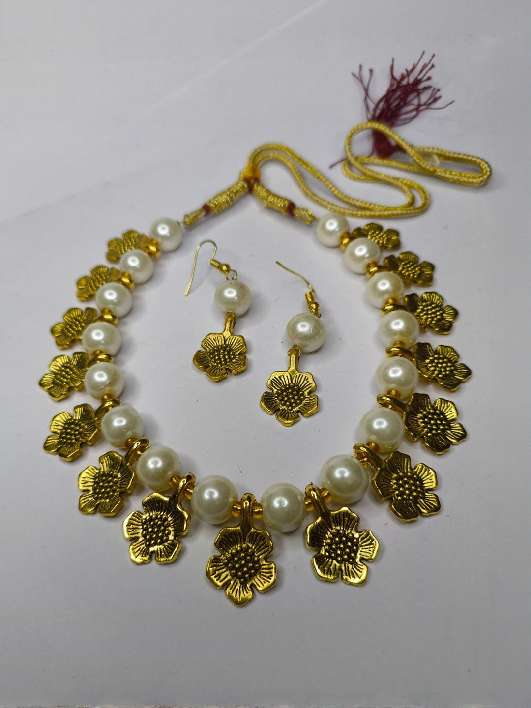 MK gallery Gold-Plated Pearls Studded Floral Shaped Oxidised Jewel  Set