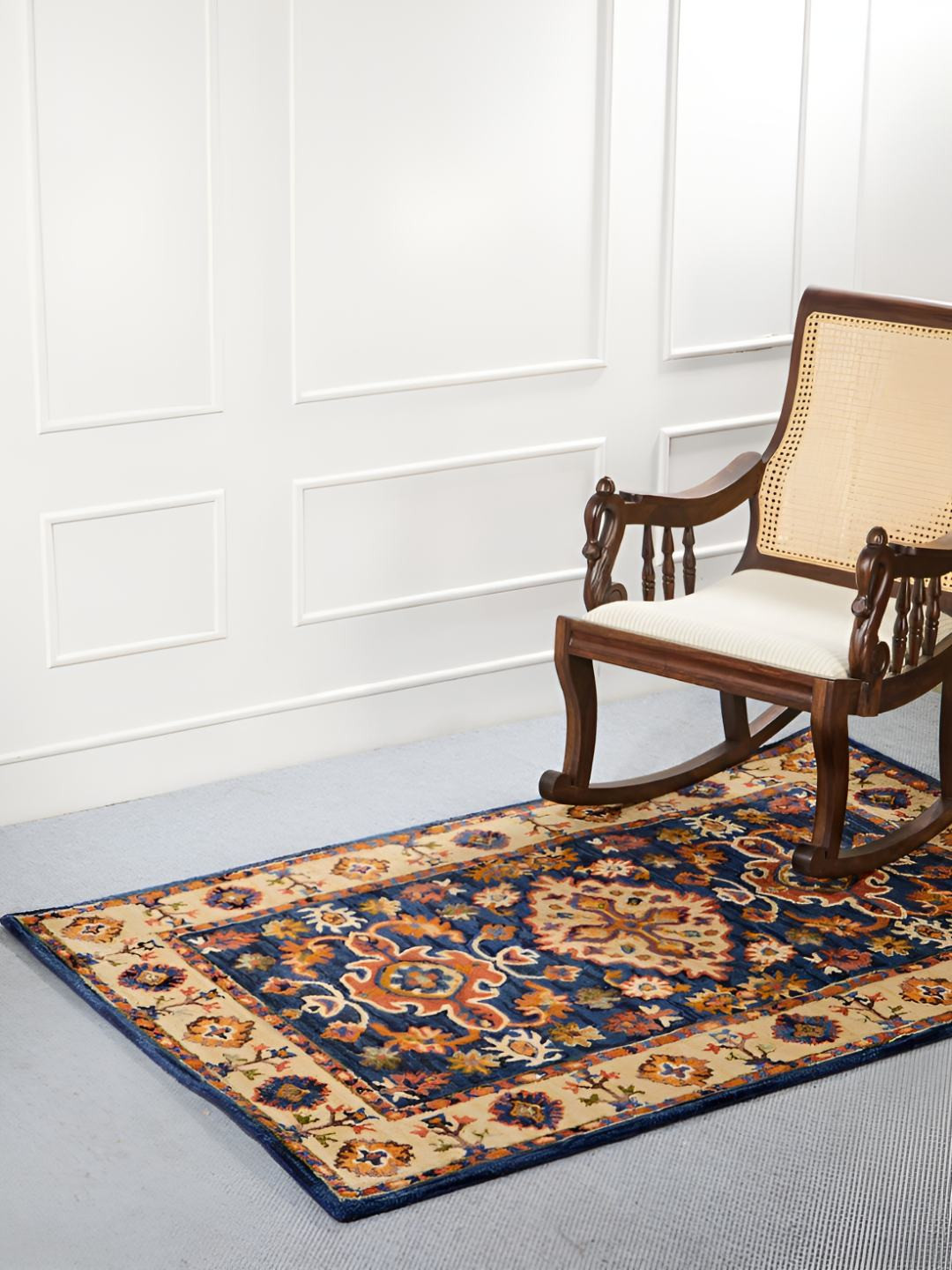 Fabindia Blue & Beige Iqra Ethnic Motifs Woven Woollen Dhurrie