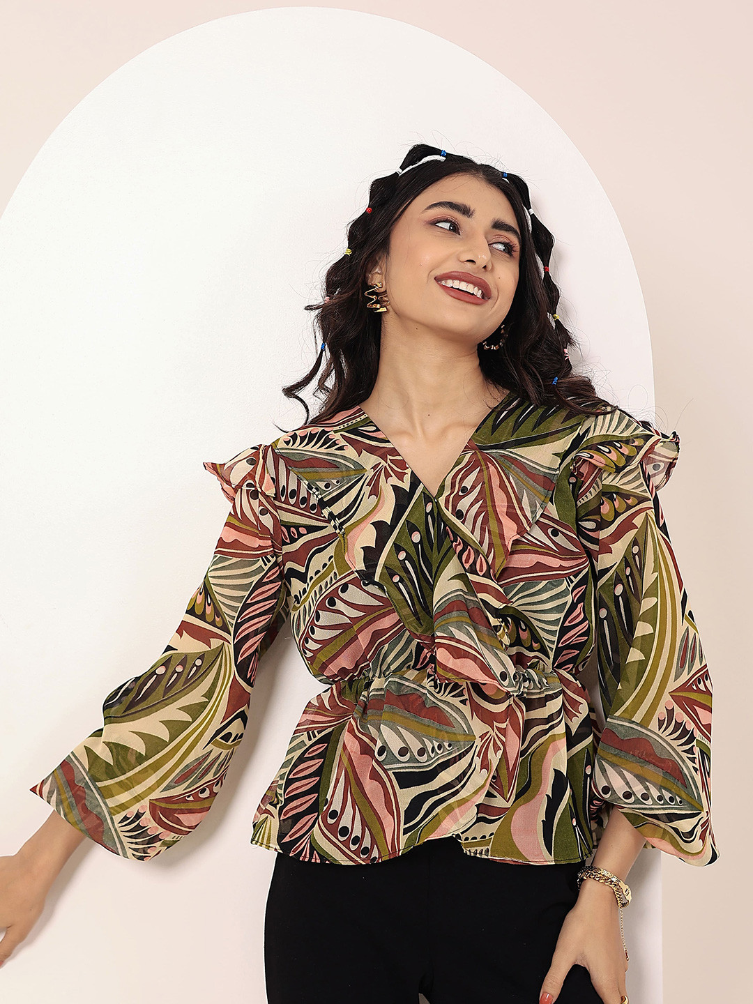 KAORI BY SHREYA AGARWAL Women Green Multi Tropical Chiffon Full-Sleeve Peplum Top