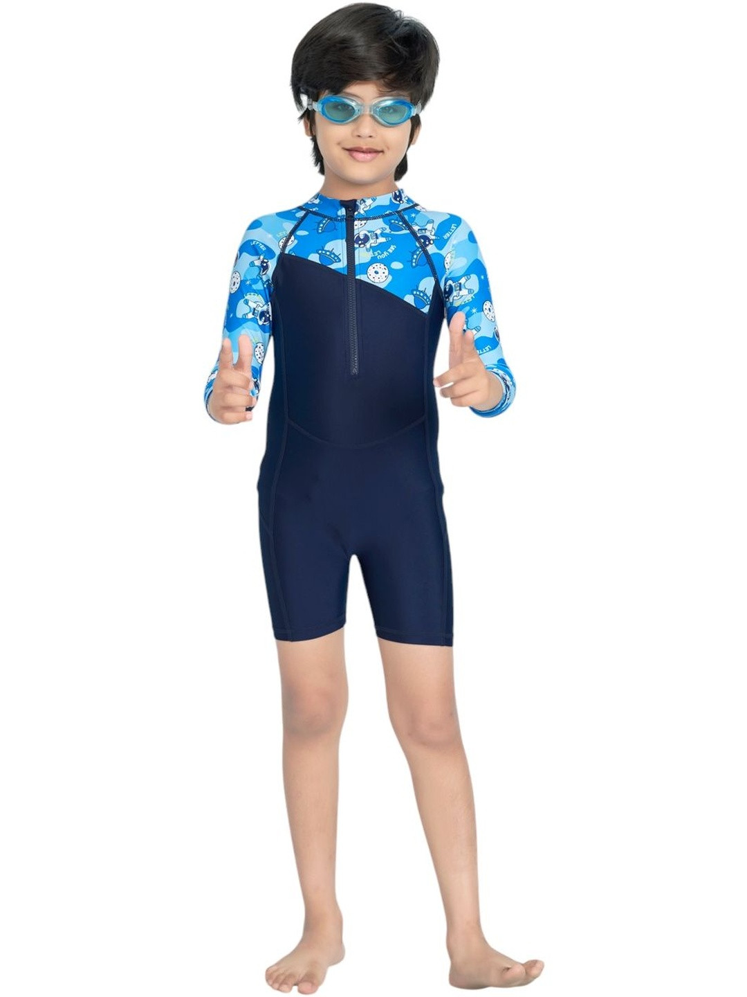 Muhuratam Boys Sports Wear Cartoon Printed Full Coverage Swim Suit With Goggle