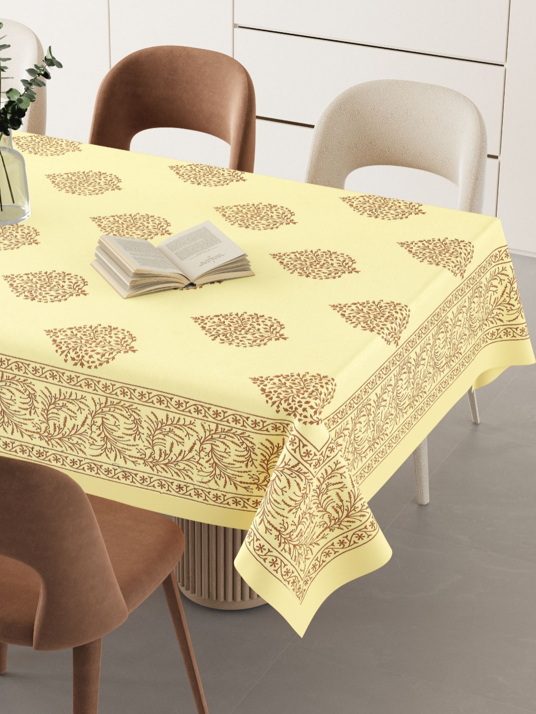LIVING ROOTS Cream & Brown Ethnic Motifs Printed Cotton 6-Seater Table Cover