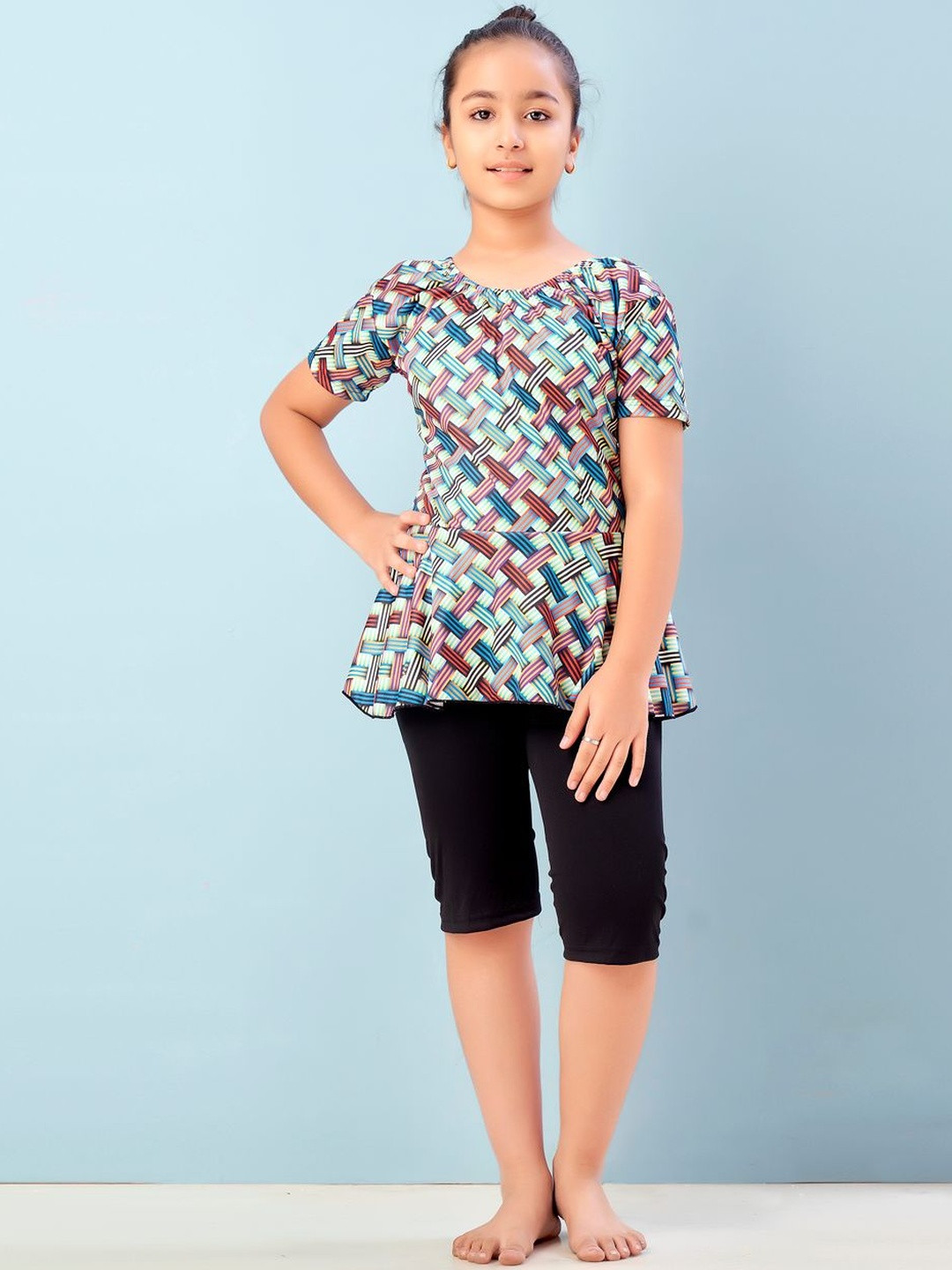 Muhuratam Girls Sports Wear Sea Green-Black Colour Check Print Nylon Swim Suit