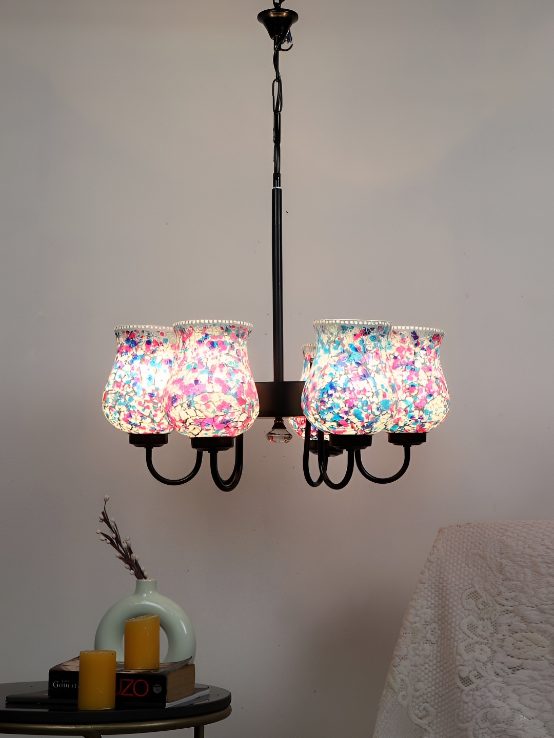 Aura White & Pink Textured Abstract Shaped 6 Light Ceiling Lamp