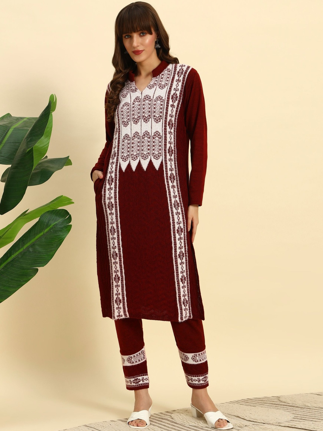 BUDAPEST Woven Design Mandarin Collar Pure Wool Straight Kurta With Trousers