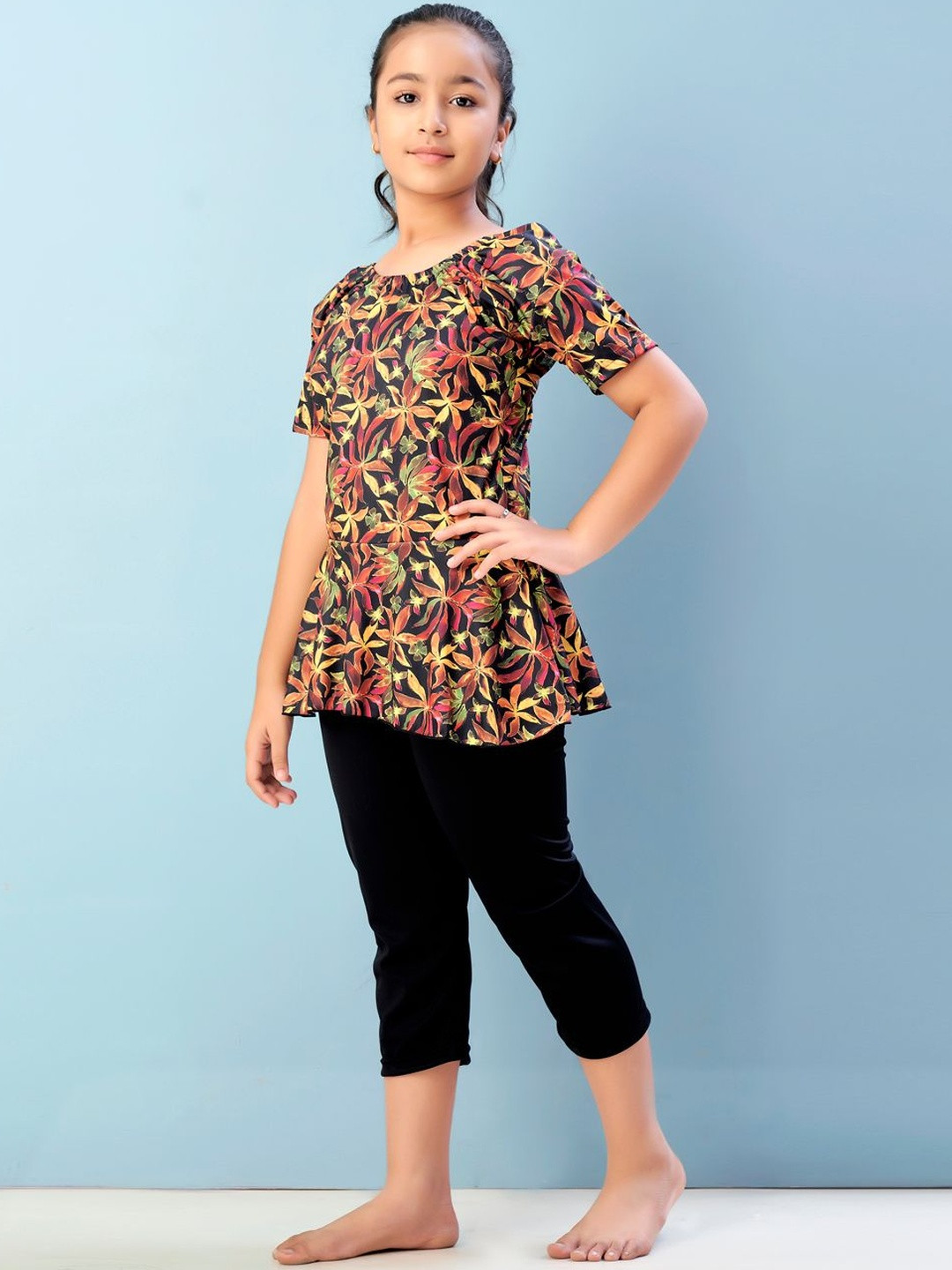 Muhuratam Girls Sports Wear Yellow-Black Colour Floral Print Nylon Swim Suit