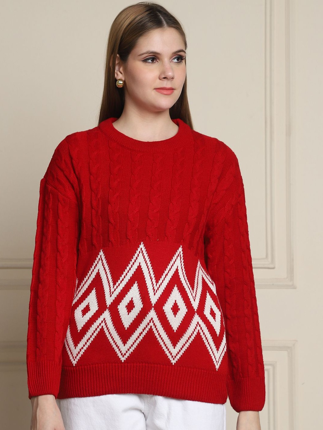 Roadster Women Red & White Self Design Ribbed Acrylic Cardigan