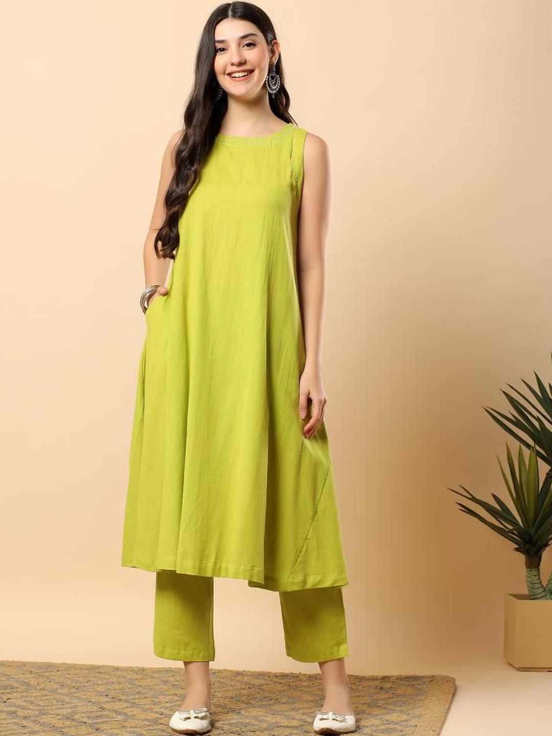 Fluorescent Green Cotton Flex Solid & Hand Embroidery Work Kurta With Trousers Set