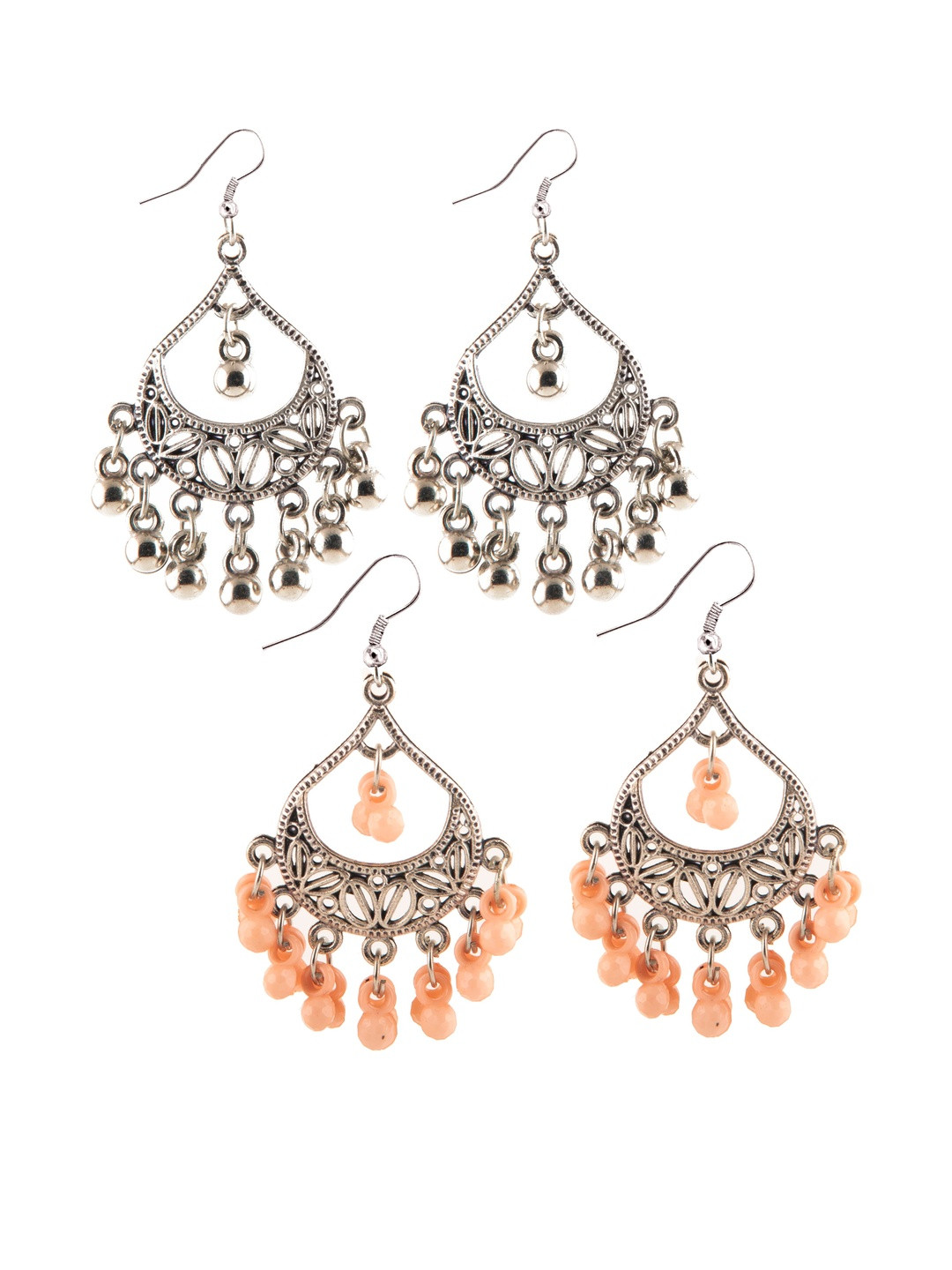 Set of 2 Oxidized Silver-Toned Chandbali Earrings with Silver & Peach Beads & Girls