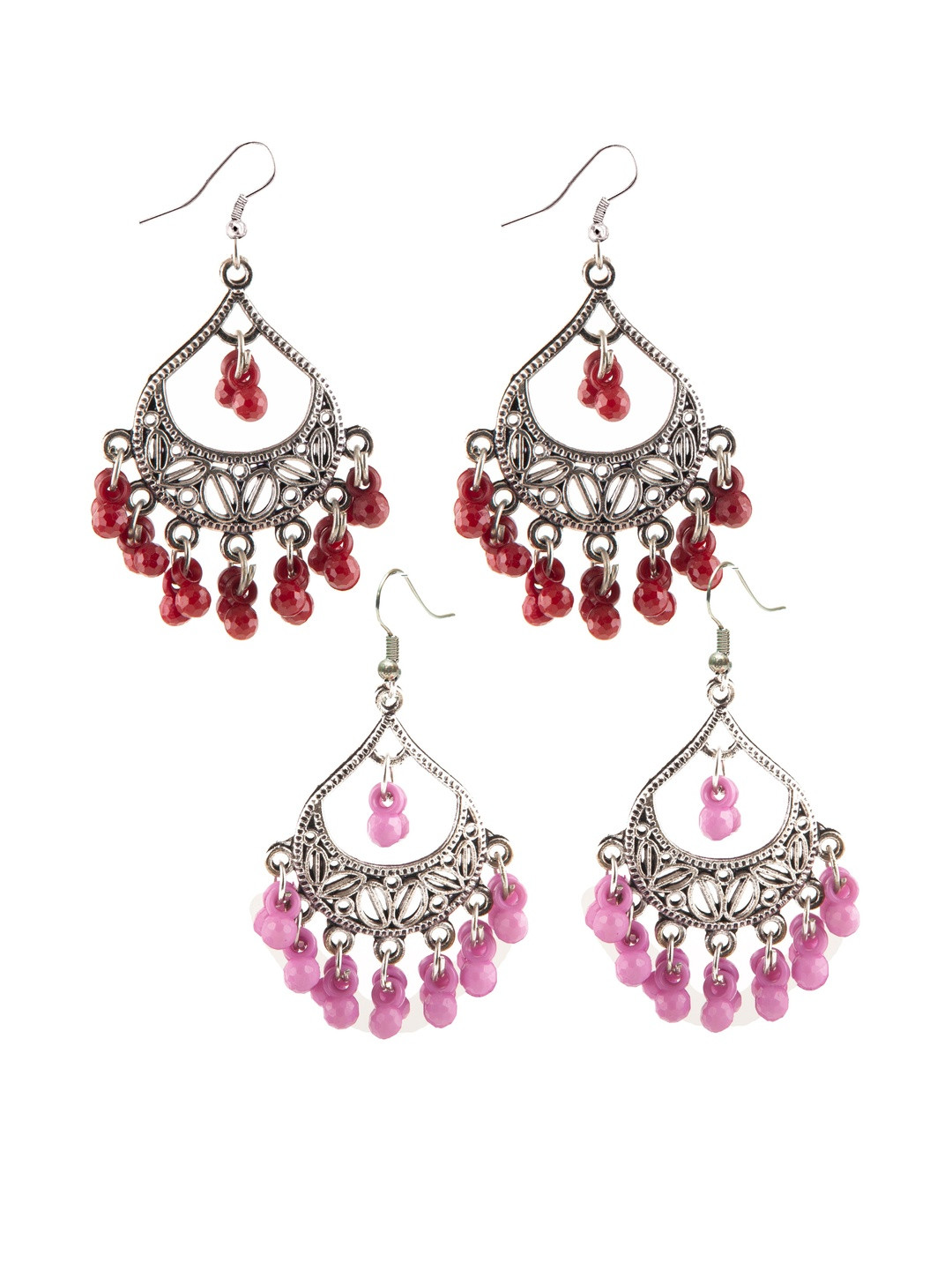 Set of 2 Oxidized Silver-Toned Chandbali Earrings with Maroon & Light Purple Beads & Girls