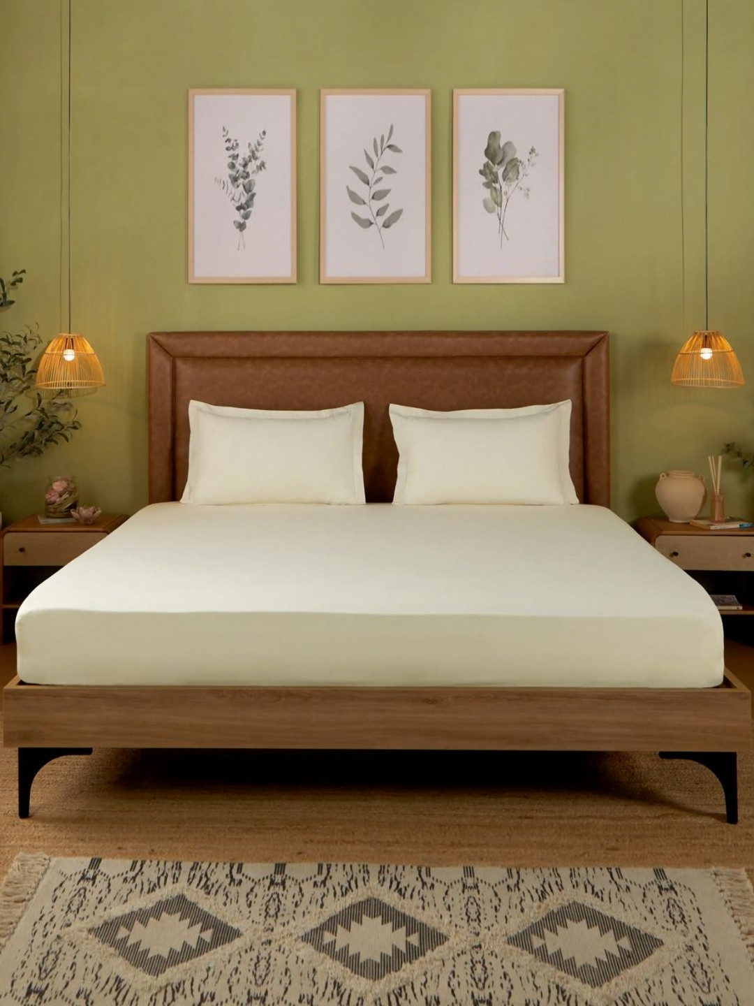 LIVSPACE Paleto Off White Pure Cotton 144 TC Fitted King Bedsheet Set-1.98 m X 1.82 m