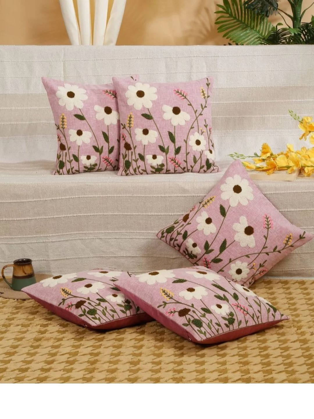 Boho Garden Embroidered, Pink Cushion Cover 5 Pieces