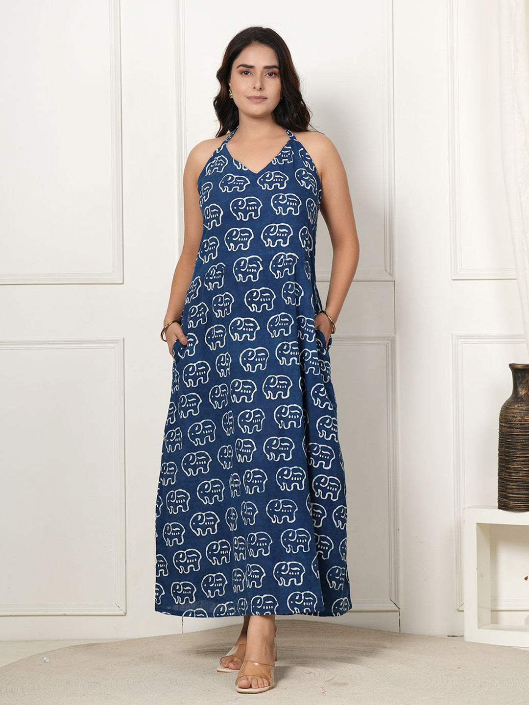 Style Shoes Animal Printed Halter Neck Cotton A-Line Maxi Dress