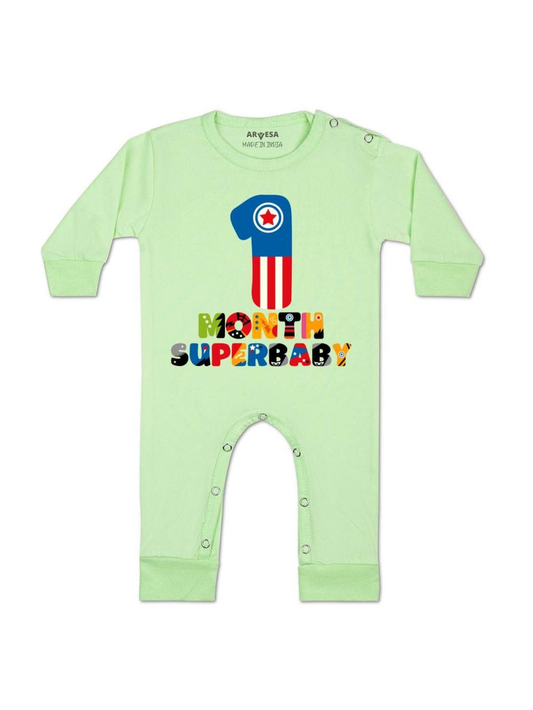 Arvesa Kids 1 Month Superbaby Printed Round Neck Long Sleeves Rompers