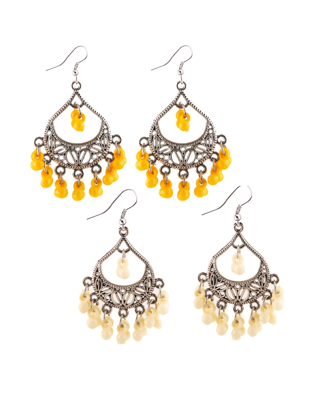 Set of 2 Oxidized Silver-Toned Chandbali Earrings with Yellow & Cream Beads & Girls