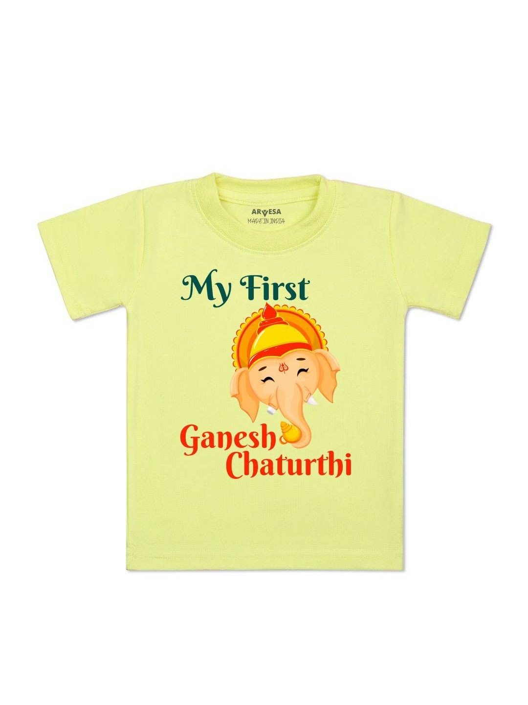 Arvesa Kids My First Ganesh Chaturthi Graphic Printed Short Sleeves Cotton T-shirt