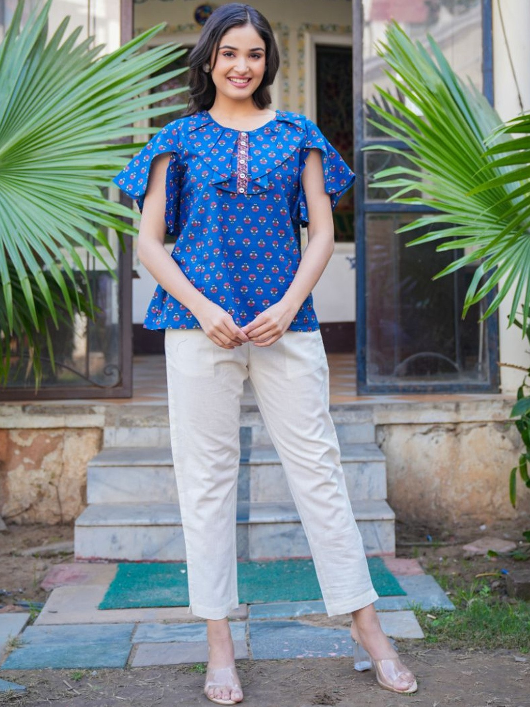 KALINI Women's Blue Cotton Floral Printed Top (Blue)