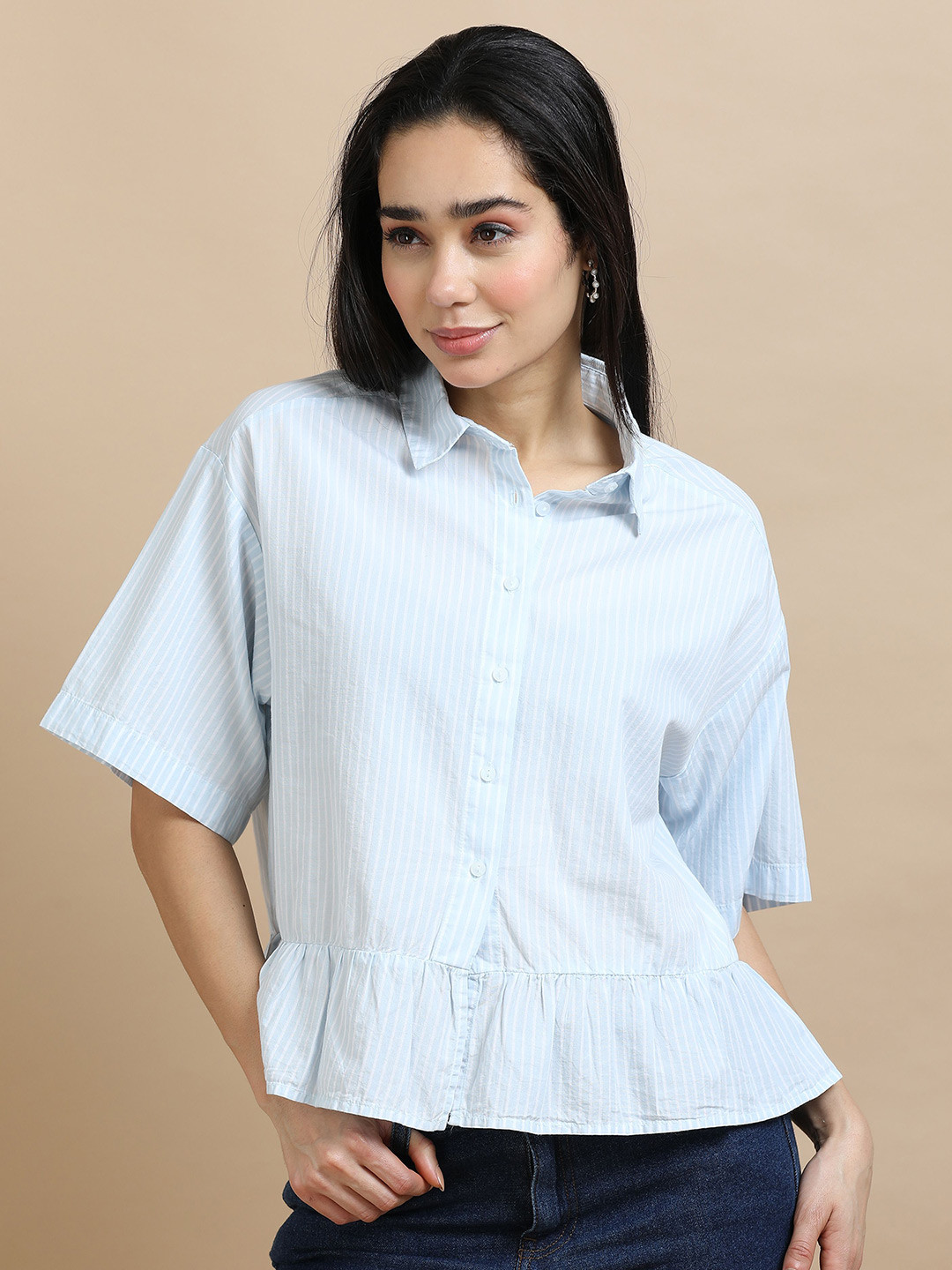 GLAM & CHIQUE Women's Pure Cotton Relaxed Fit Striped Frill Hem Casual Shirt